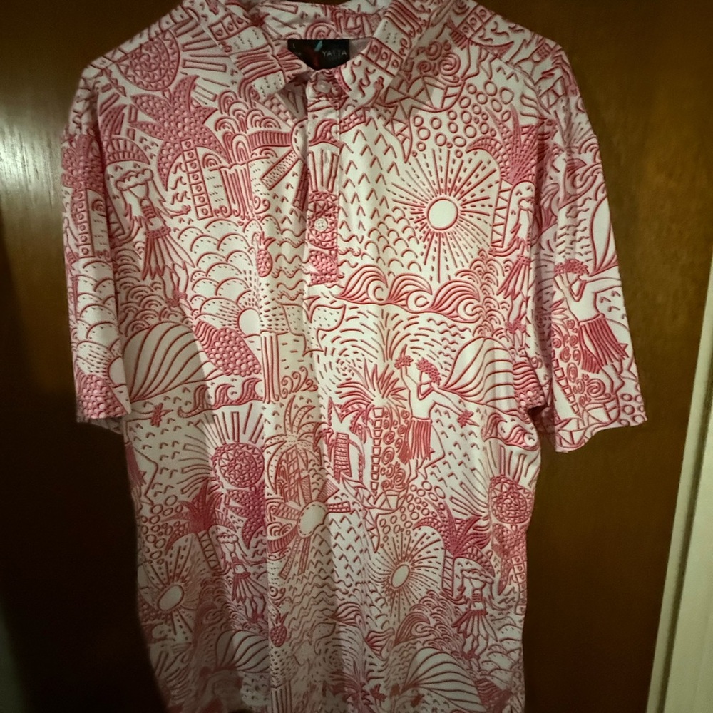 Red and White Casual Button Down Shirt with Tropical Print